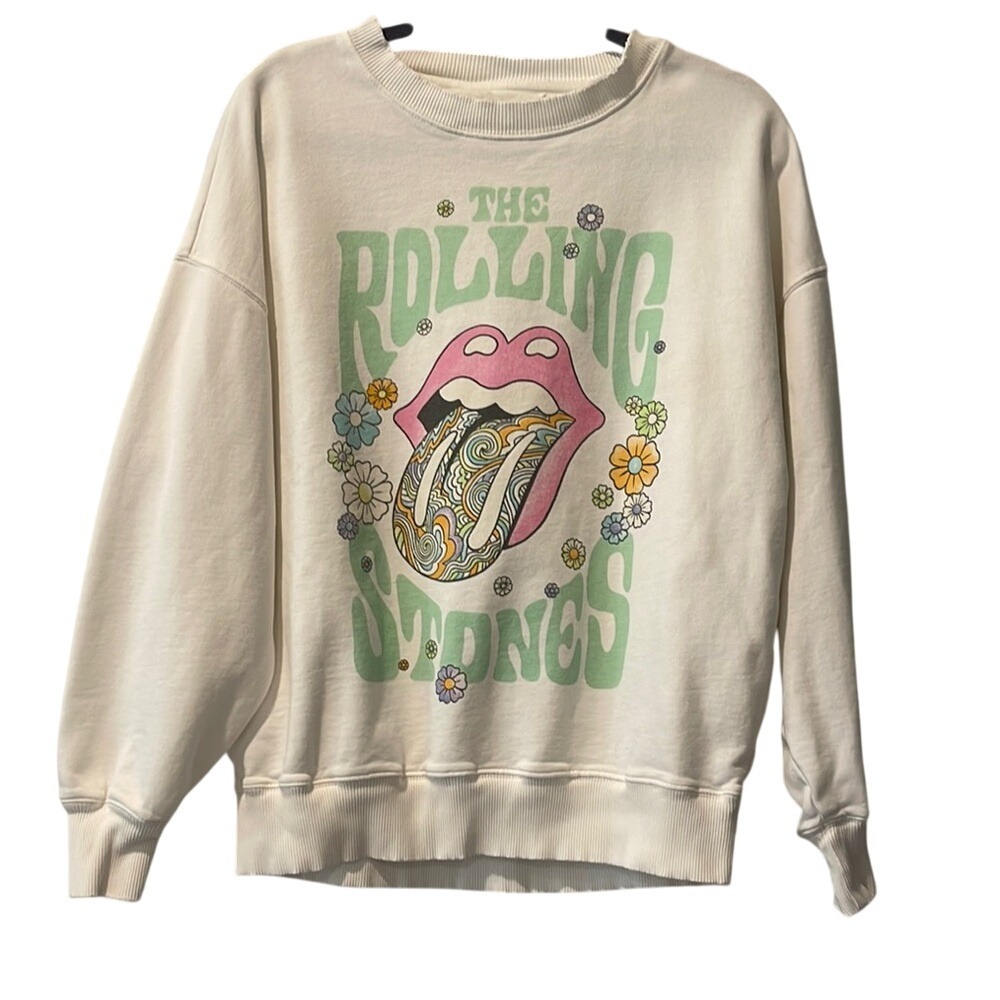 American Eagle Outfitters Cream Rolling Stones Graphic Scoop Sweatshirt